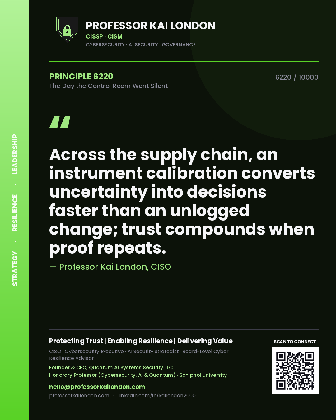 Quote card by Professor Kai London reading 'Across the supply chain, an instrument calibration converts uncertainty into decisions faster than an unlogged change; trust compounds when proof repeats.'. From the book The Day the Control Room Went Silent.