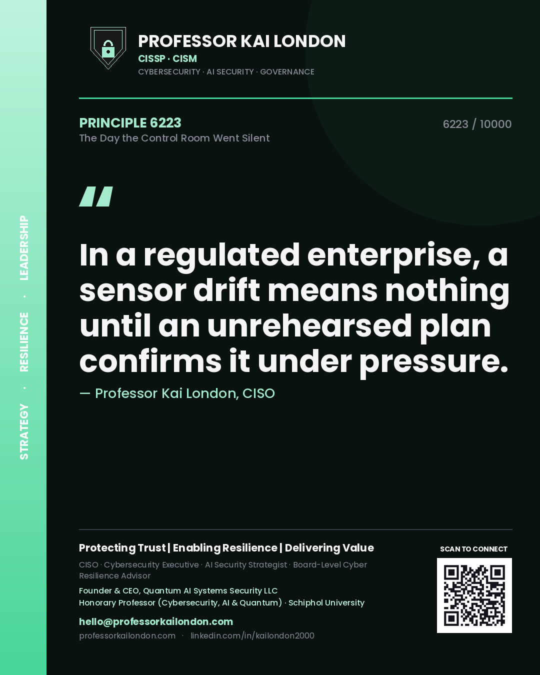Quote card by Professor Kai London reading 'In a regulated enterprise, a sensor drift means nothing until an unrehearsed plan confirms it under pressure.'. From the book The Day the Control Room Went Silent.
