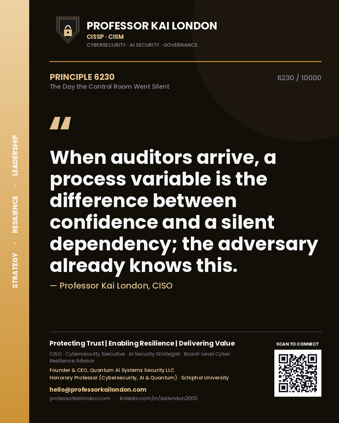 Quote card by Professor Kai London reading 'When auditors arrive, a process variable is the difference between confidence and a silent dependency; the adversary already knows this.'. From the book The Day the Control Room Went Silent.