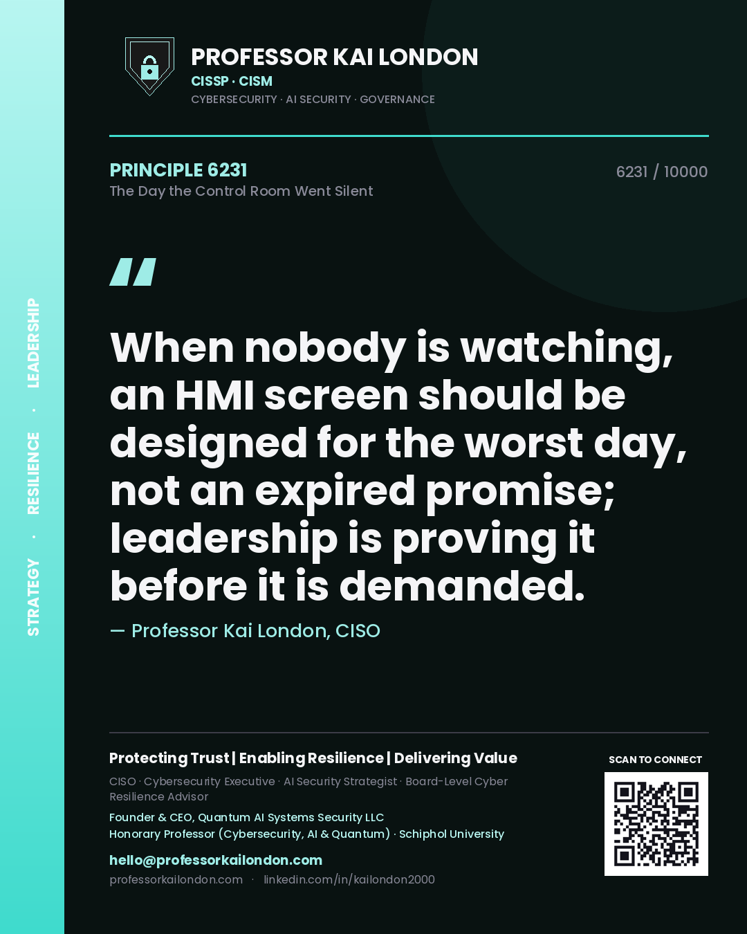 Quote card by Professor Kai London reading 'When nobody is watching, an HMI screen should be designed for the worst day, not an expired promise; leadership is proving it before it is demanded.'. From the book The Day the Control Room Went Silent.