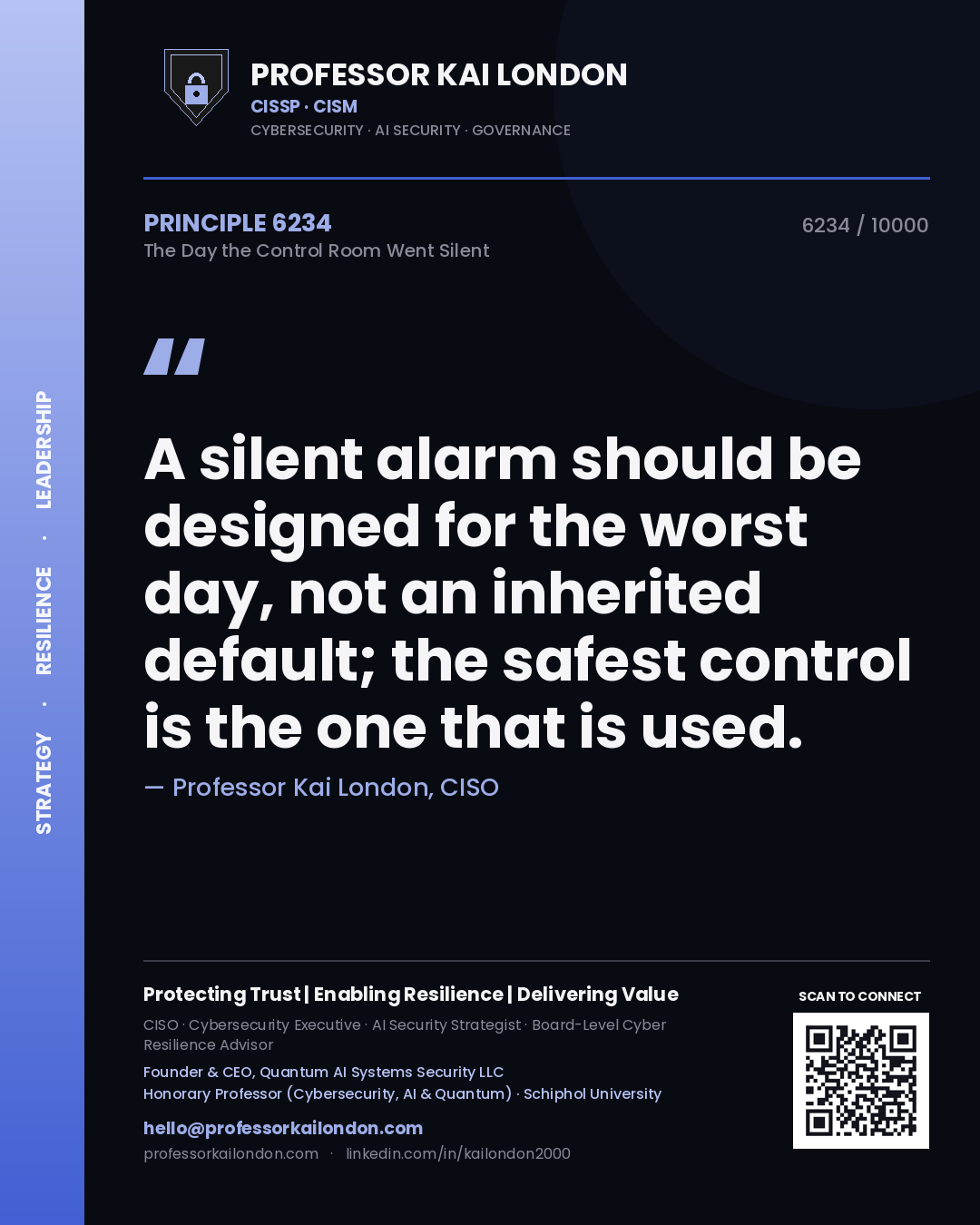 Quote card by Professor Kai London reading 'A silent alarm should be designed for the worst day, not an inherited default; the safest control is the one that is used.'. From the book The Day the Control Room Went Silent.