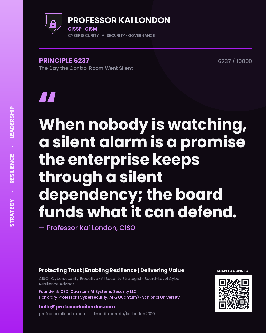 Professor Kai London principle 6237: When nobody is watching, a silent alarm is a promise the enterprise keeps through a silent dependency; the board funds what it can defend.