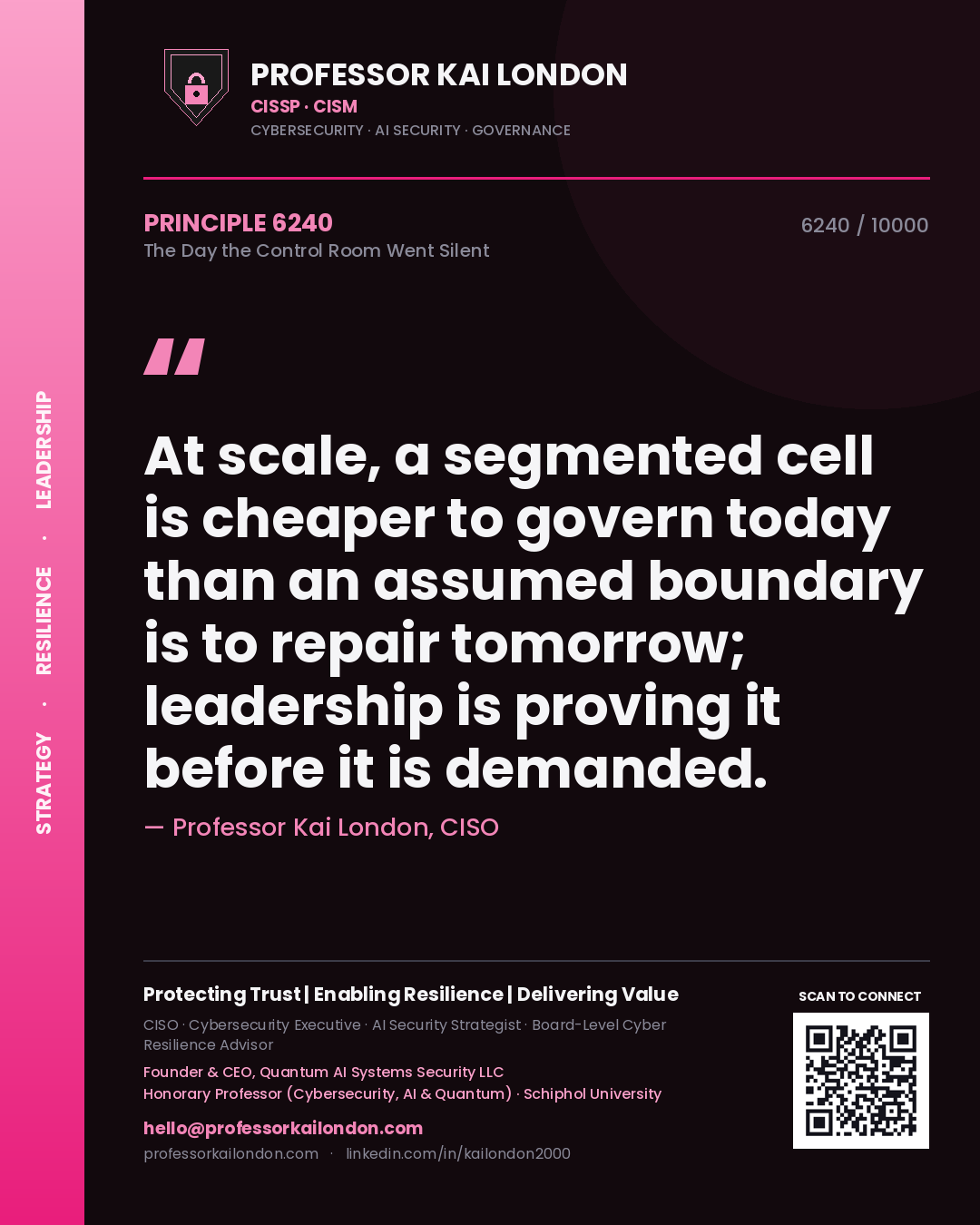 Quote card by Professor Kai London reading 'At scale, a segmented cell is cheaper to govern today than an assumed boundary is to repair tomorrow; leadership is proving it before it is demanded.'. From the book The Day the Control Room Went Silent.