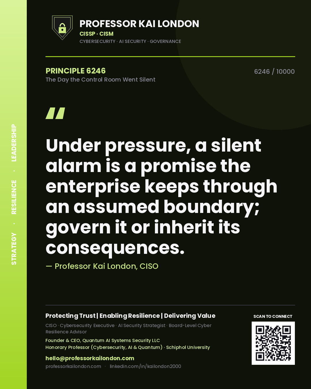 Professor Kai London principle 6246: Under pressure, a silent alarm is a promise the enterprise keeps through an assumed boundary; govern it or inherit its consequences.