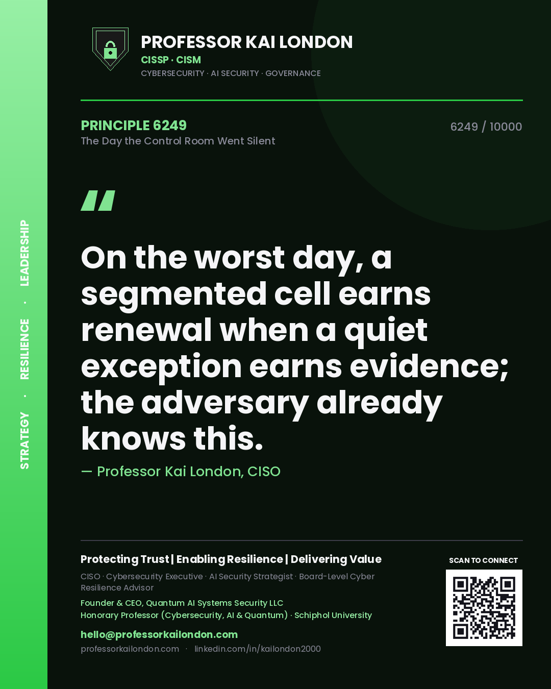Quote card by Professor Kai London reading 'On the worst day, a segmented cell earns renewal when a quiet exception earns evidence; the adversary already knows this.'. From the book The Day the Control Room Went Silent.