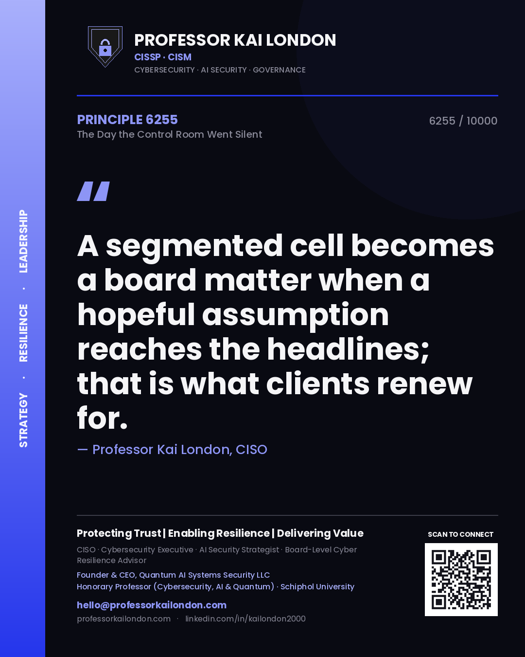 Quote card by Professor Kai London reading 'A segmented cell becomes a board matter when a hopeful assumption reaches the headlines; that is what clients renew for.'. From the book The Day the Control Room Went Silent.