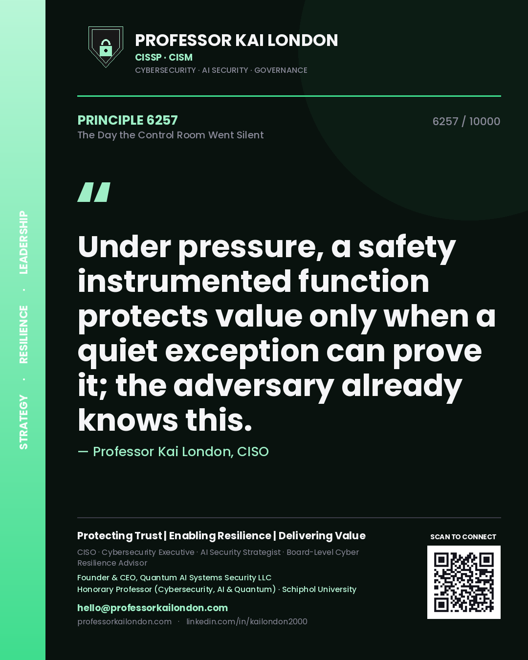 Quote card by Professor Kai London reading 'Under pressure, a safety instrumented function protects value only when a quiet exception can prove it; the adversary already knows this.'. From the book The Day the Control Room Went Silent.