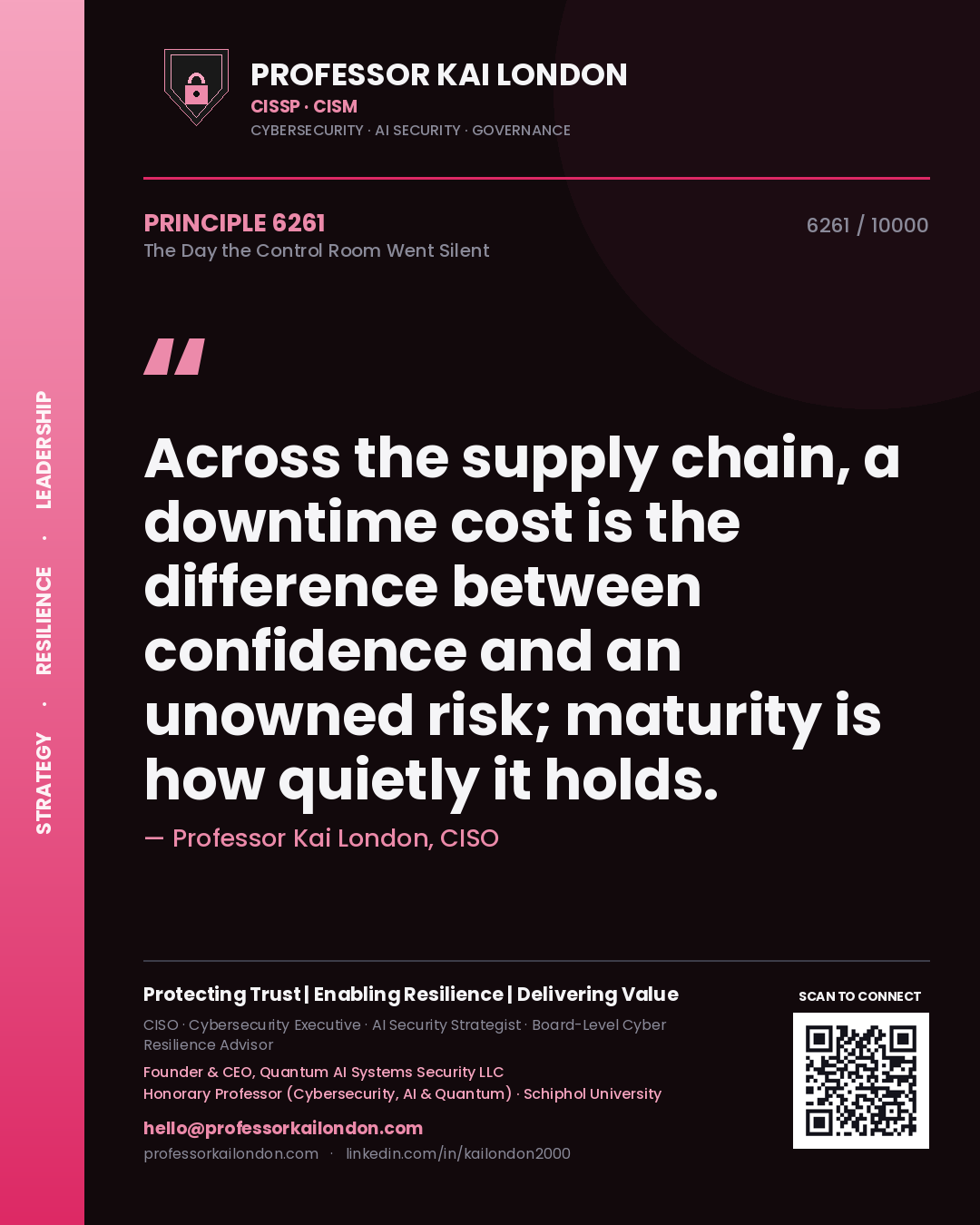 Quote card by Professor Kai London reading 'Across the supply chain, a downtime cost is the difference between confidence and an unowned risk; maturity is how quietly it holds.'. From the book The Day the Control Room Went Silent.