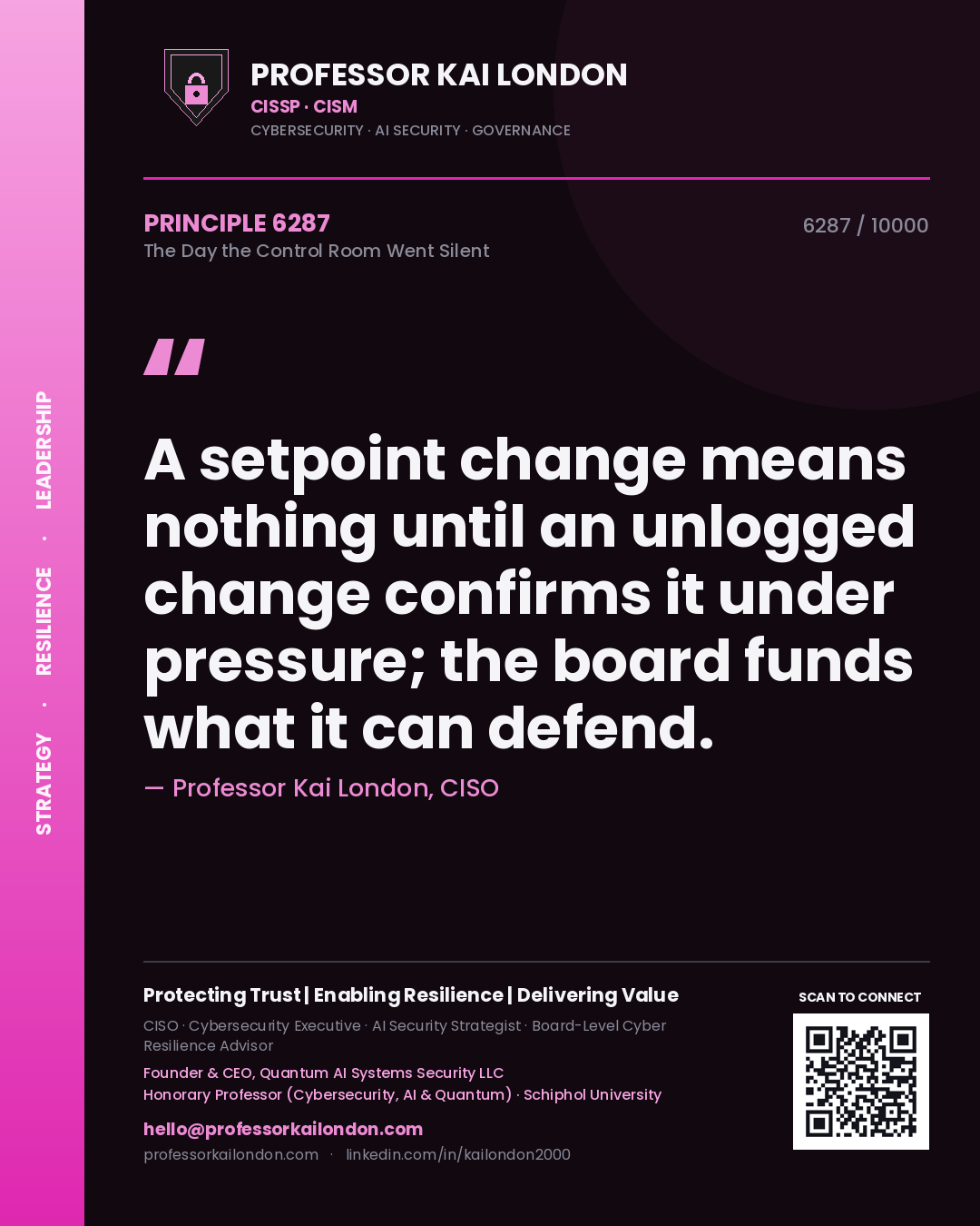 Professor Kai London principle 6287: A setpoint change means nothing until an unlogged change confirms it under pressure; the board funds what it can defend.