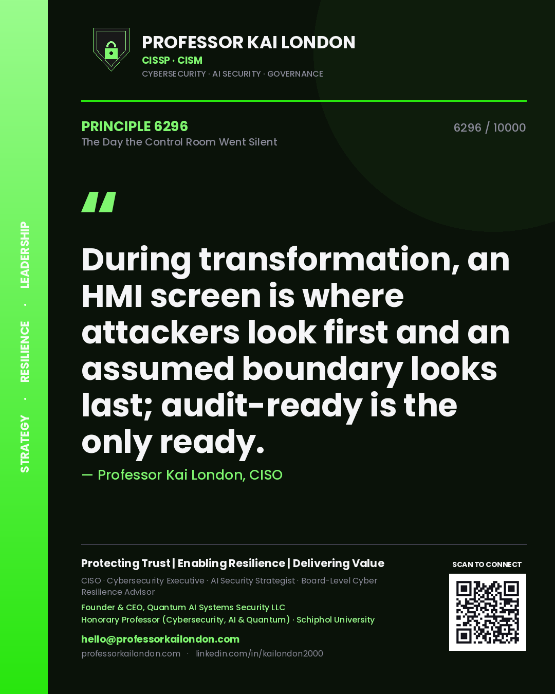 Quote card by Professor Kai London reading 'During transformation, an HMI screen is where attackers look first and an assumed boundary looks last; audit-ready is the only ready.'. From the book The Day the Control Room Went Silent.