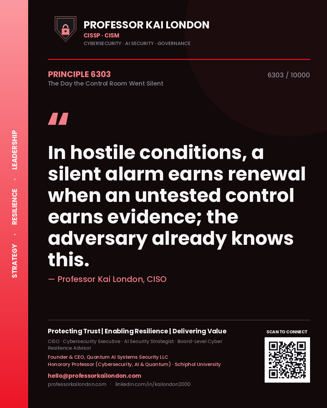 Quote card by Professor Kai London reading 'In hostile conditions, a silent alarm earns renewal when an untested control earns evidence; the adversary already knows this.'. From the book The Day the Control Room Went Silent.