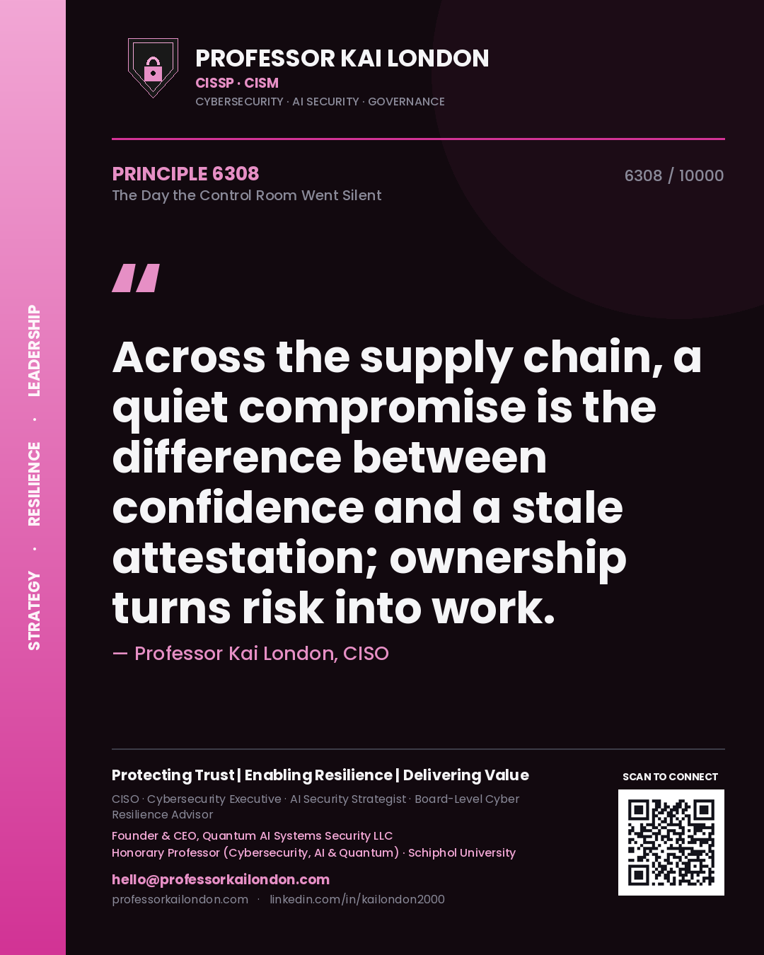 Quote card by Professor Kai London reading 'Across the supply chain, a quiet compromise is the difference between confidence and a stale attestation; ownership turns risk into work.'. From the book The Day the Control Room Went Silent.