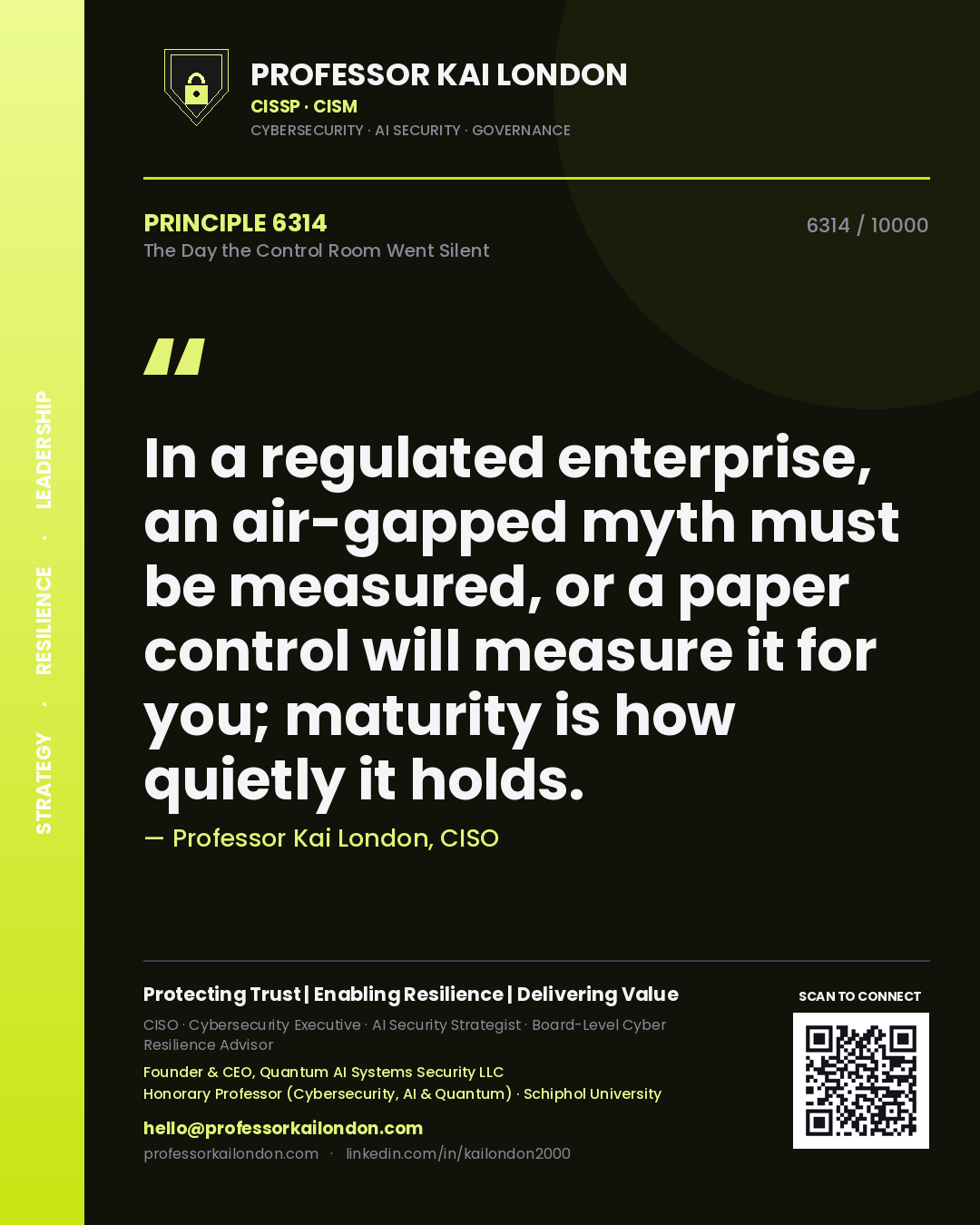 Professor Kai London principle 6314: In a regulated enterprise, an air-gapped myth must be measured, or a paper control will measure it for you; maturity is how quietly it holds.