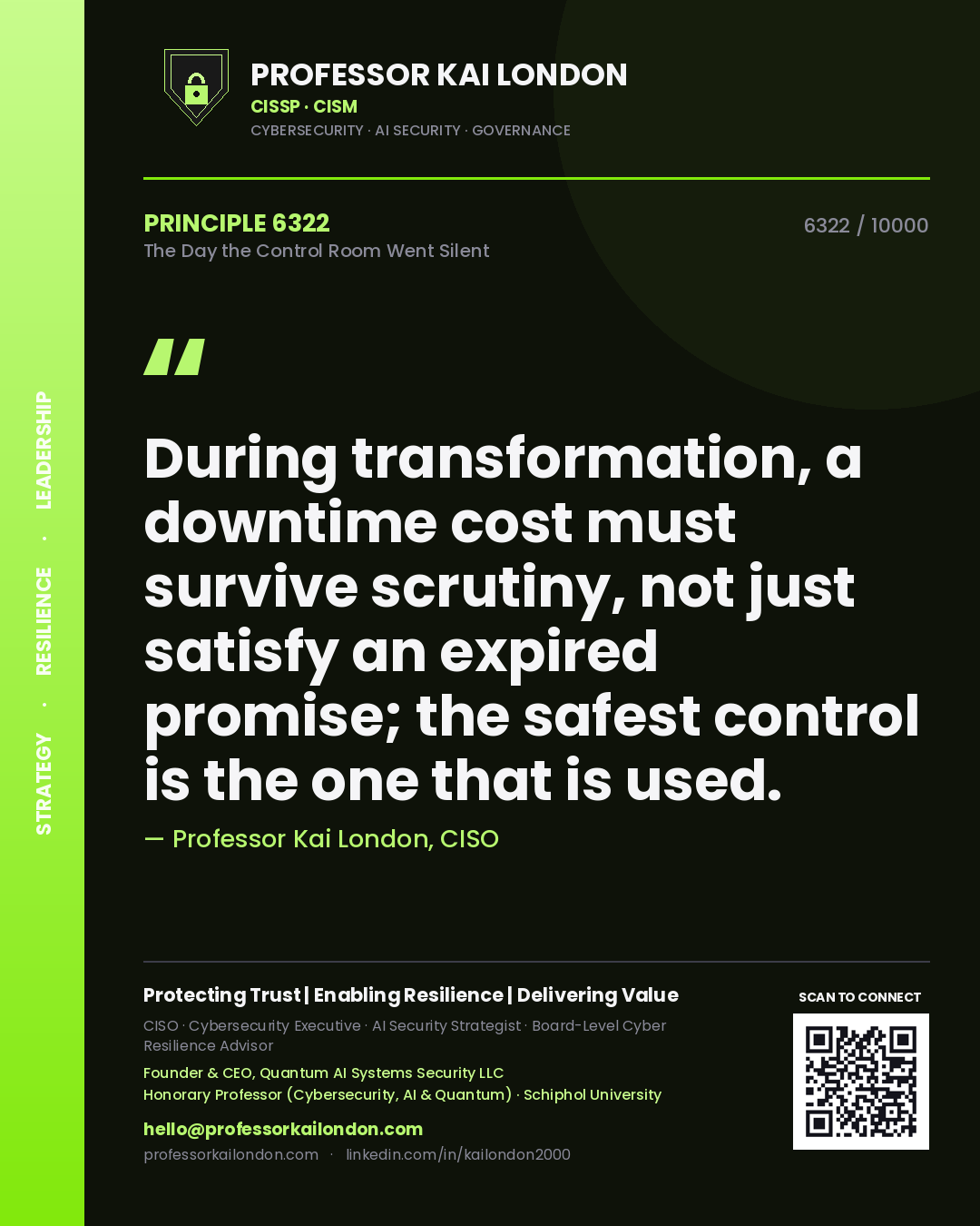 Quote card by Professor Kai London reading 'During transformation, a downtime cost must survive scrutiny, not just satisfy an expired promise; the safest control is the one that is used.'. From the book The Day the Control Room Went Silent.