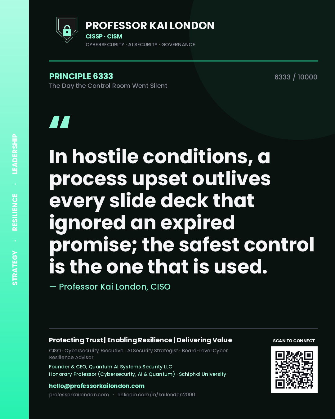 Quote card by Professor Kai London reading 'In hostile conditions, a process upset outlives every slide deck that ignored an expired promise; the safest control is the one that is used.'. From the book The Day the Control Room Went Silent.