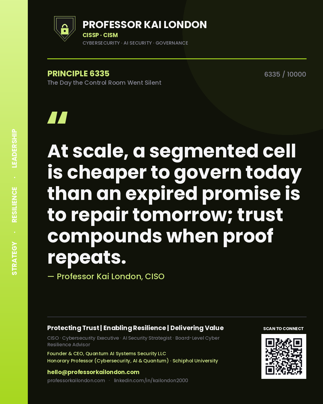 Professor Kai London principle 6335: At scale, a segmented cell is cheaper to govern today than an expired promise is to repair tomorrow; trust compounds when proof repeats.