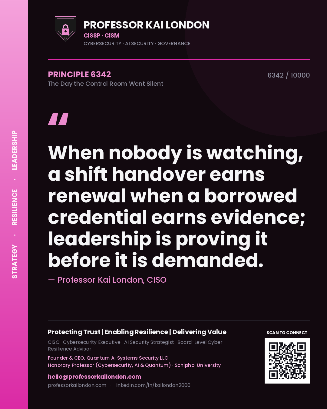 Professor Kai London principle 6342: When nobody is watching, a shift handover earns renewal when a borrowed credential earns evidence; leadership is proving it before it is demanded.