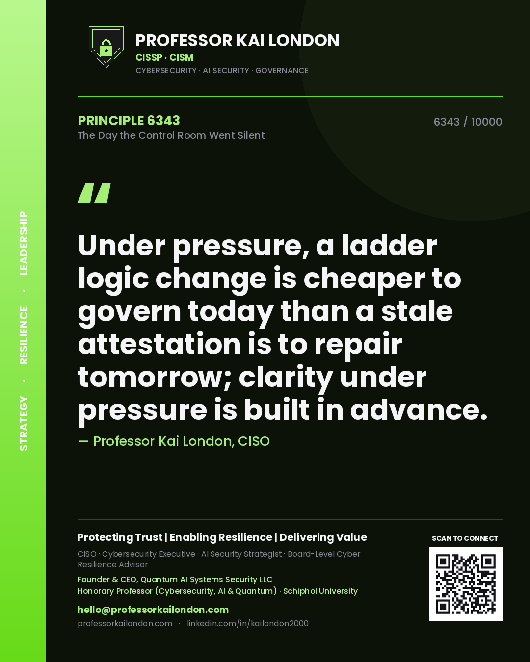 Quote card by Professor Kai London reading 'Under pressure, a ladder logic change is cheaper to govern today than a stale attestation is to repair tomorrow; clarity under pressure is built in advance.'. From the book The Day the Control Room Went Silent.