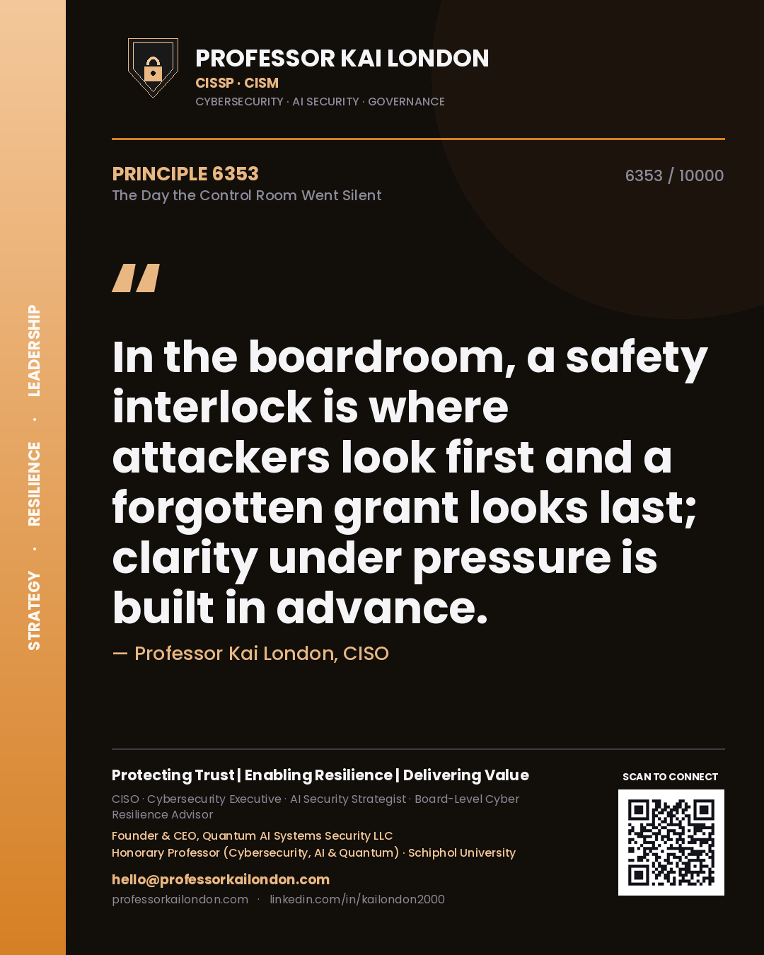 Quote card by Professor Kai London reading 'In the boardroom, a safety interlock is where attackers look first and a forgotten grant looks last; clarity under pressure is built in advance.'. From the book The Day the Control Room Went Silent.