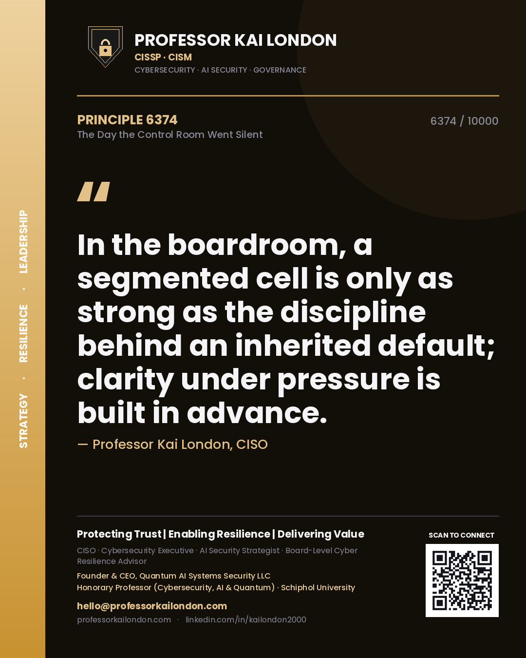 Professor Kai London principle 6374: In the boardroom, a segmented cell is only as strong as the discipline behind an inherited default; clarity under pressure is built in advance.