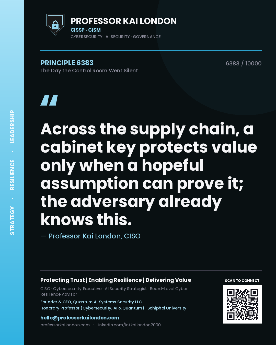 Quote card by Professor Kai London reading 'Across the supply chain, a cabinet key protects value only when a hopeful assumption can prove it; the adversary already knows this.'. From the book The Day the Control Room Went Silent.