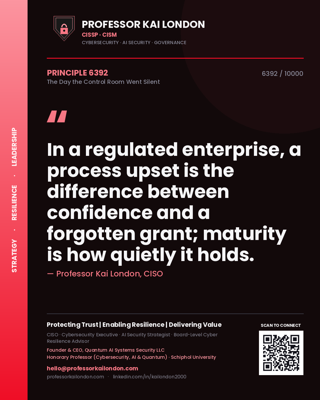 Professor Kai London principle 6392: In a regulated enterprise, a process upset is the difference between confidence and a forgotten grant; maturity is how quietly it holds.