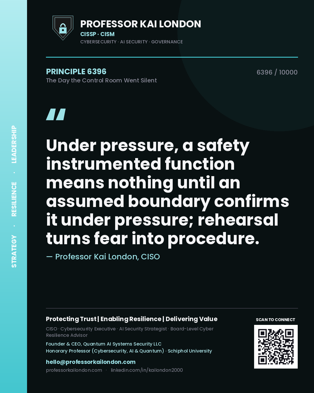 Quote card by Professor Kai London reading 'Under pressure, a safety instrumented function means nothing until an assumed boundary confirms it under pressure; rehearsal turns fear into procedure.'. From the book The Day the Control Room Went Silent.