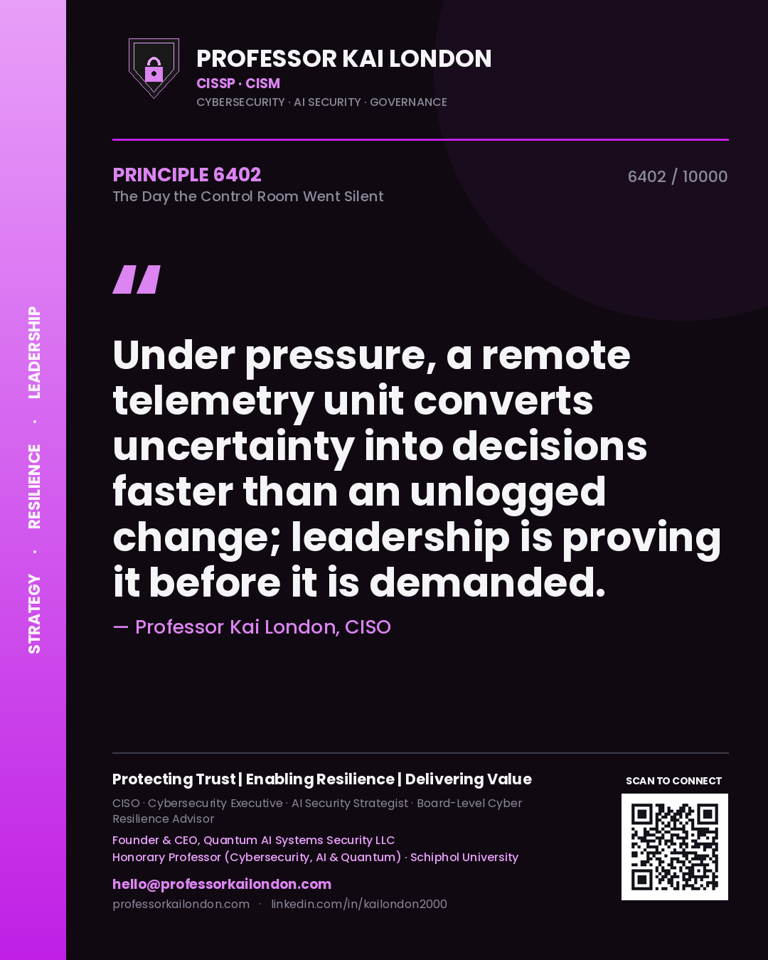 Professor Kai London principle 6402: Under pressure, a remote telemetry unit converts uncertainty into decisions faster than an unlogged change; leadership is proving it before it is demanded.