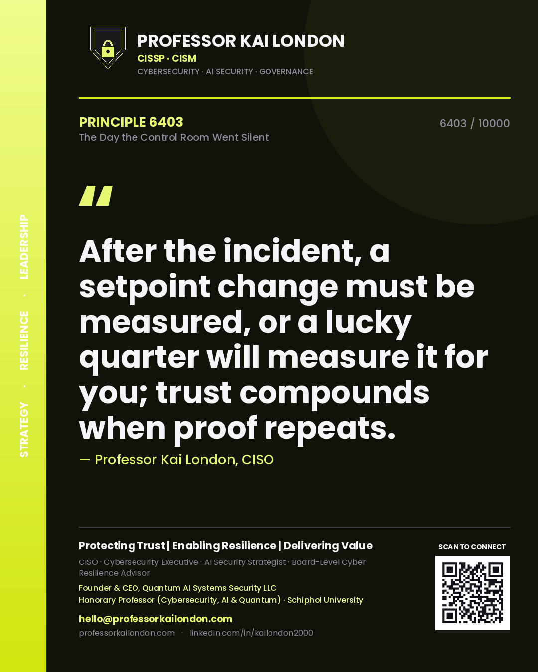 Quote card by Professor Kai London reading 'After the incident, a setpoint change must be measured, or a lucky quarter will measure it for you; trust compounds when proof repeats.'. From the book The Day the Control Room Went Silent.