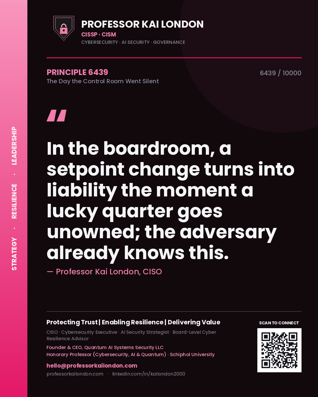 Quote card by Professor Kai London reading 'In the boardroom, a setpoint change turns into liability the moment a lucky quarter goes unowned; the adversary already knows this.'. From the book The Day the Control Room Went Silent.