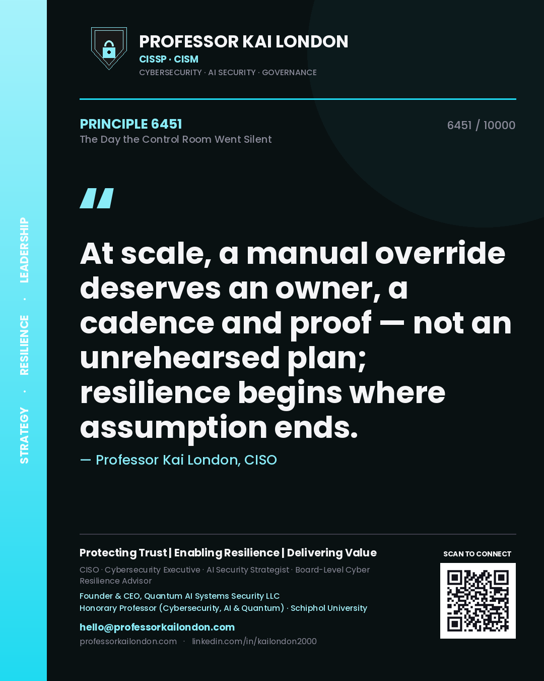 Professor Kai London principle 6451: At scale, a manual override deserves an owner, a cadence and proof — not an unrehearsed plan; resilience begins where assumption ends.