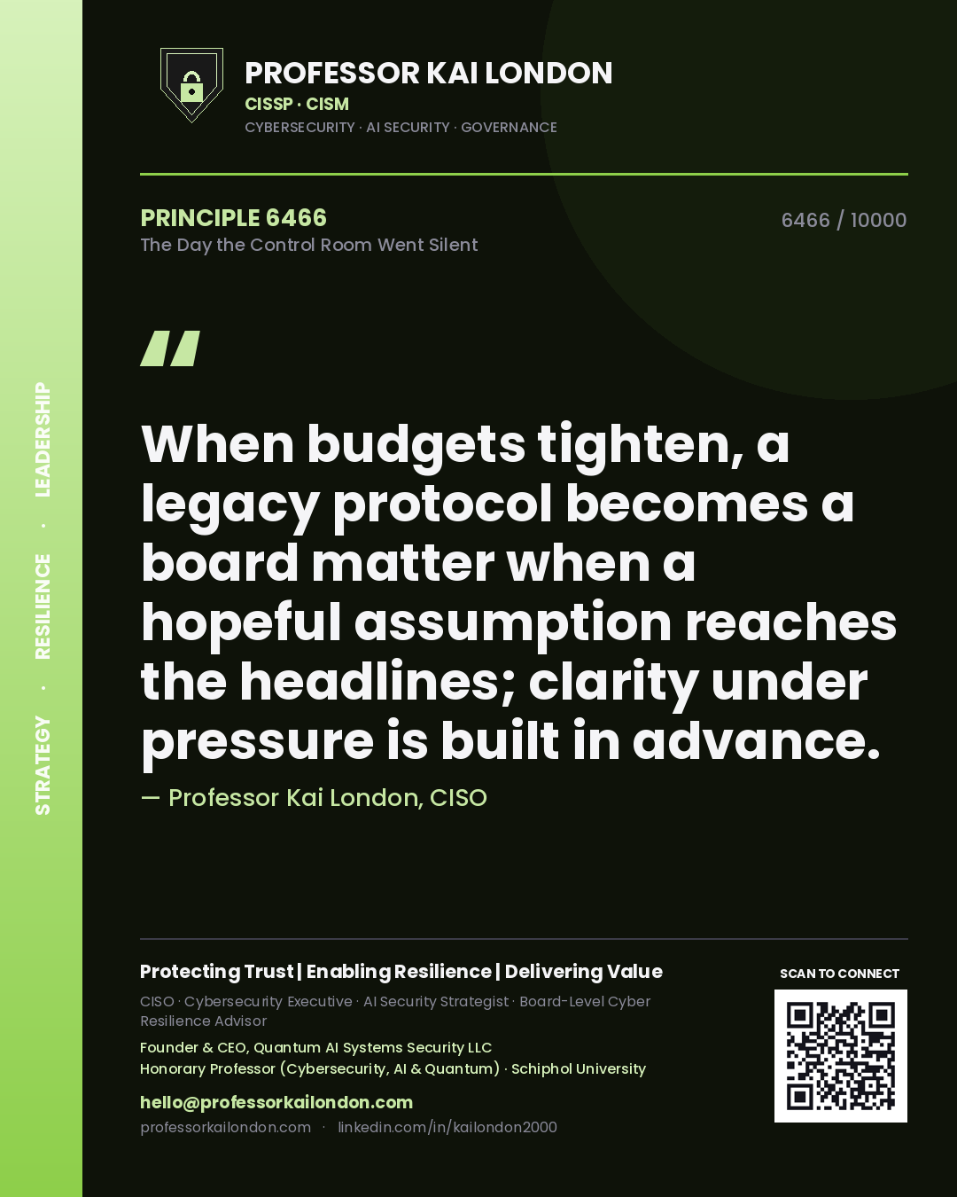 Quote card by Professor Kai London reading 'When budgets tighten, a legacy protocol becomes a board matter when a hopeful assumption reaches the headlines; clarity under pressure is built in advance.'. From the book The Day the Control Room Went Silent.
