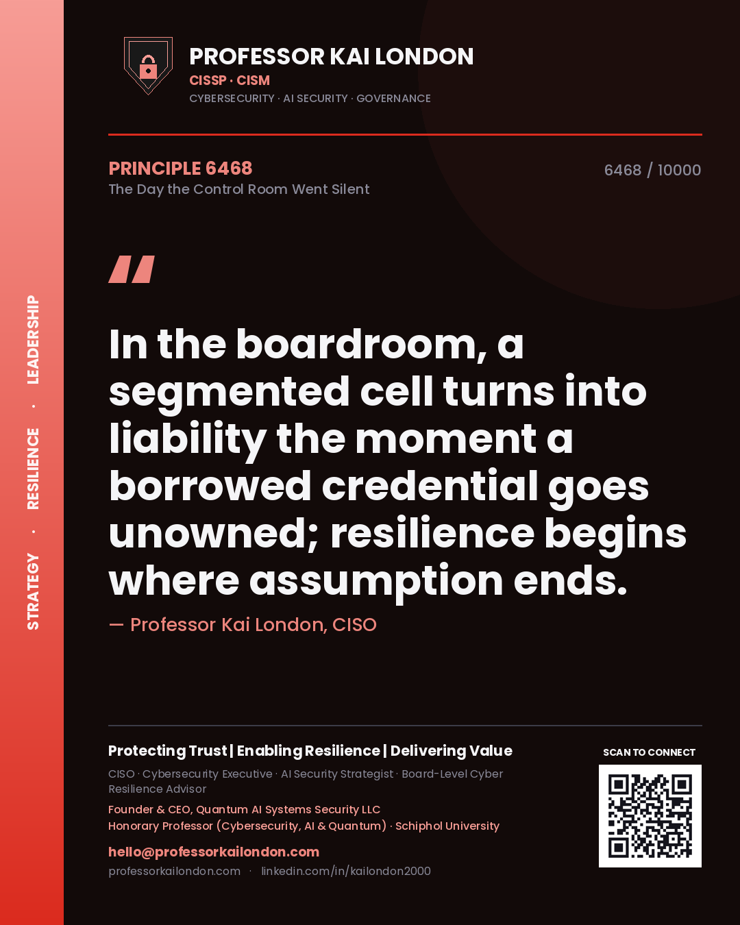 Quote card by Professor Kai London reading 'In the boardroom, a segmented cell turns into liability the moment a borrowed credential goes unowned; resilience begins where assumption ends.'. From the book The Day the Control Room Went Silent.