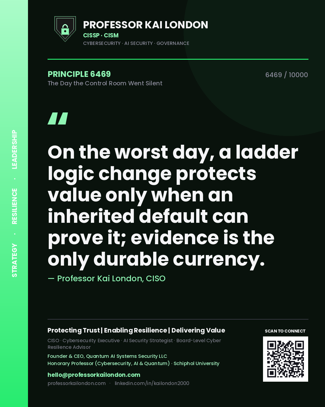 Quote card by Professor Kai London reading 'On the worst day, a ladder logic change protects value only when an inherited default can prove it; evidence is the only durable currency.'. From the book The Day the Control Room Went Silent.