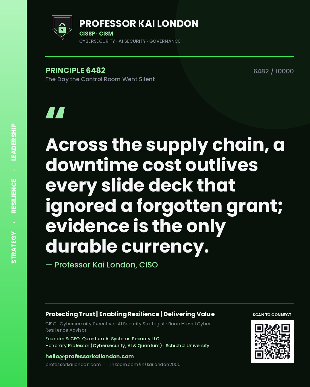 Quote card by Professor Kai London reading 'Across the supply chain, a downtime cost outlives every slide deck that ignored a forgotten grant; evidence is the only durable currency.'. From the book The Day the Control Room Went Silent.
