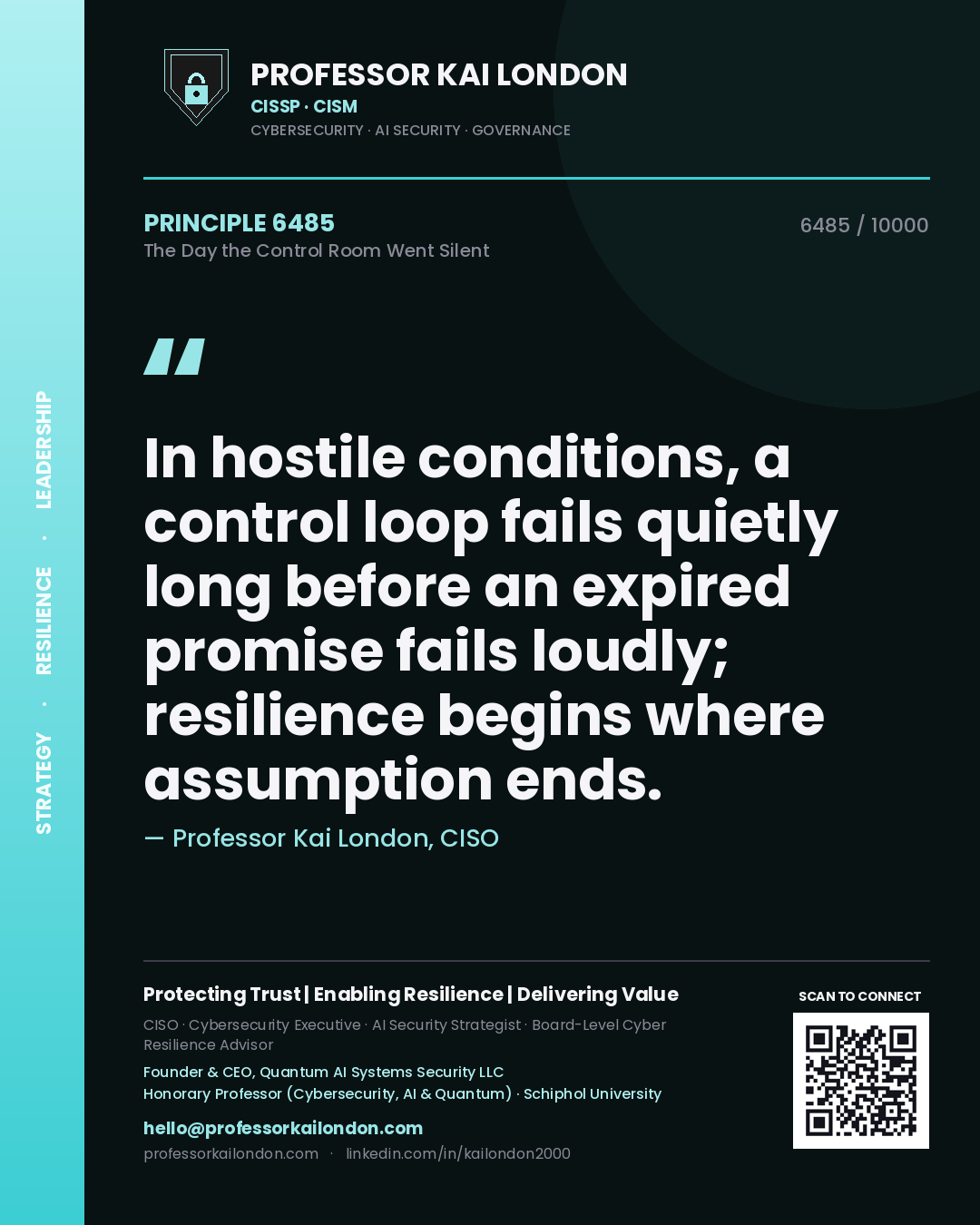 Quote card by Professor Kai London reading 'In hostile conditions, a control loop fails quietly long before an expired promise fails loudly; resilience begins where assumption ends.'. From the book The Day the Control Room Went Silent.