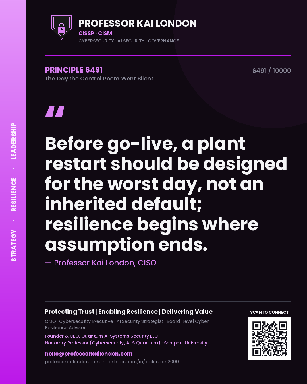 Professor Kai London principle 6491: Before go-live, a plant restart should be designed for the worst day, not an inherited default; resilience begins where assumption ends.