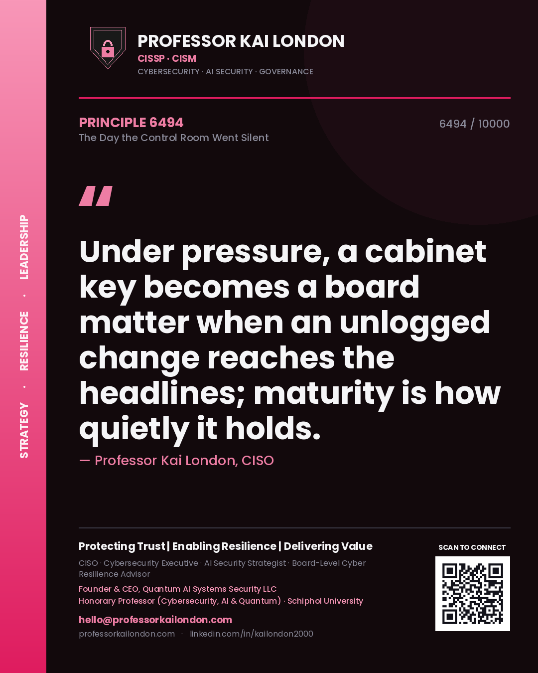 Quote card by Professor Kai London reading 'Under pressure, a cabinet key becomes a board matter when an unlogged change reaches the headlines; maturity is how quietly it holds.'. From the book The Day the Control Room Went Silent.