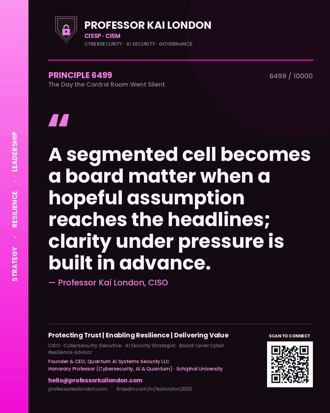 Quote card by Professor Kai London reading 'A segmented cell becomes a board matter when a hopeful assumption reaches the headlines; clarity under pressure is built in advance.'. From the book The Day the Control Room Went Silent.