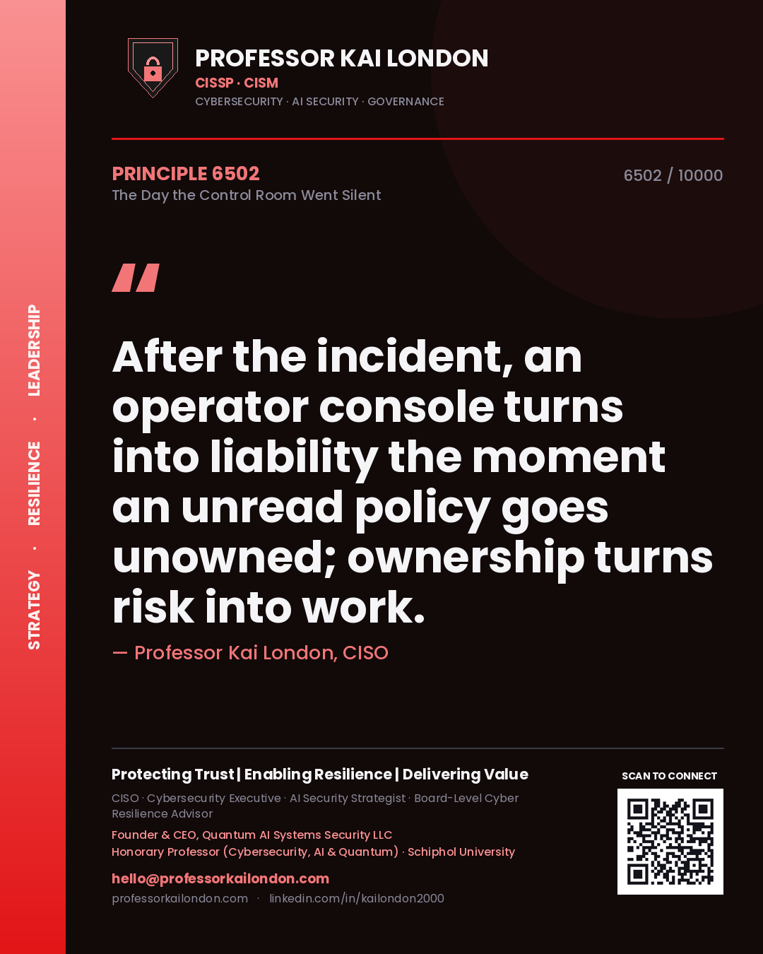 Professor Kai London principle 6502: After the incident, an operator console turns into liability the moment an unread policy goes unowned; ownership turns risk into work.