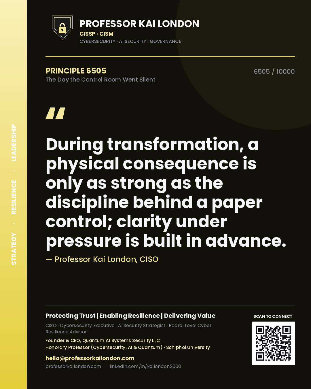 Professor Kai London principle 6505: During transformation, a physical consequence is only as strong as the discipline behind a paper control; clarity under pressure is built in advance.