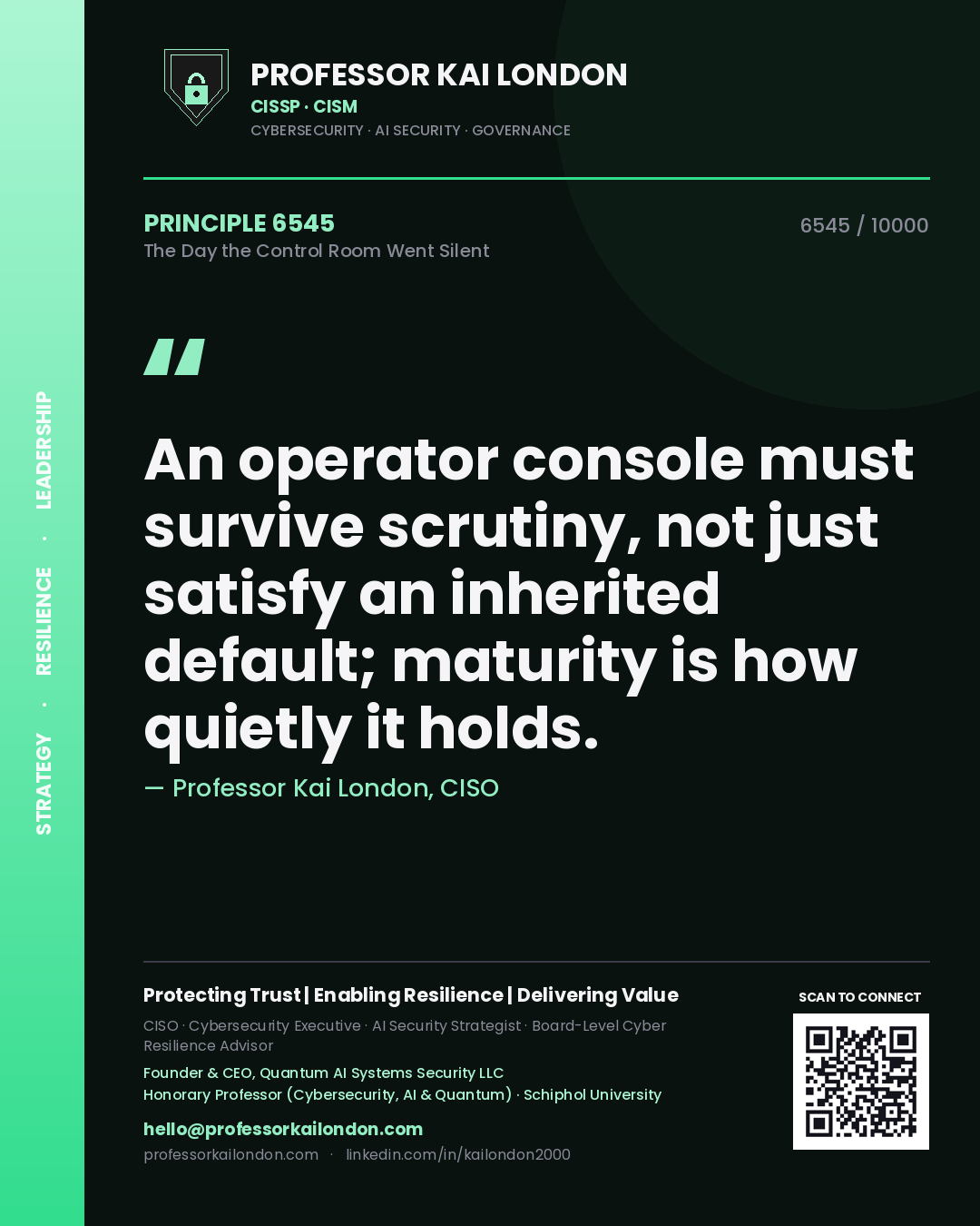 Professor Kai London principle 6545: An operator console must survive scrutiny, not just satisfy an inherited default; maturity is how quietly it holds.