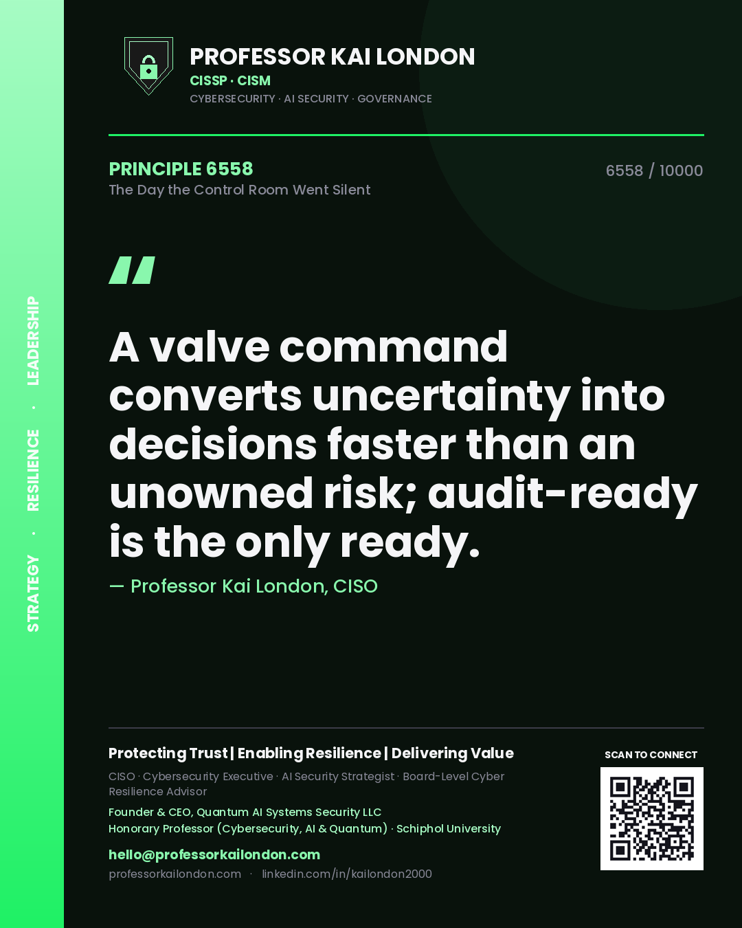 Quote card by Professor Kai London reading 'A valve command converts uncertainty into decisions faster than an unowned risk; audit-ready is the only ready.'. From the book The Day the Control Room Went Silent.