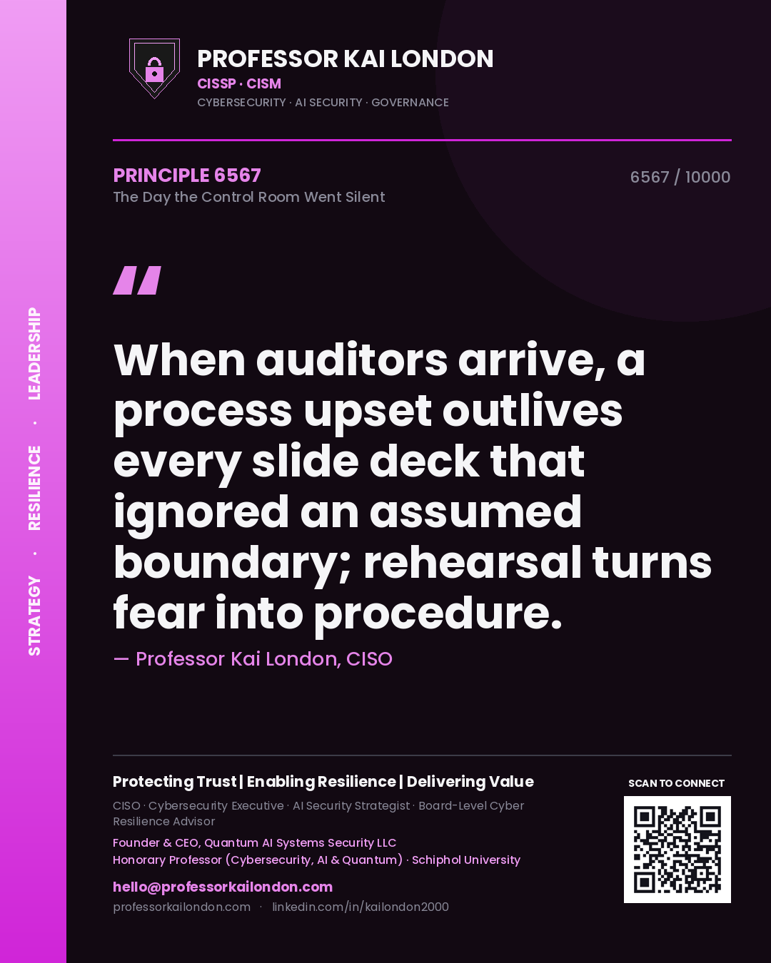 Quote card by Professor Kai London reading 'When auditors arrive, a process upset outlives every slide deck that ignored an assumed boundary; rehearsal turns fear into procedure.'. From the book The Day the Control Room Went Silent.