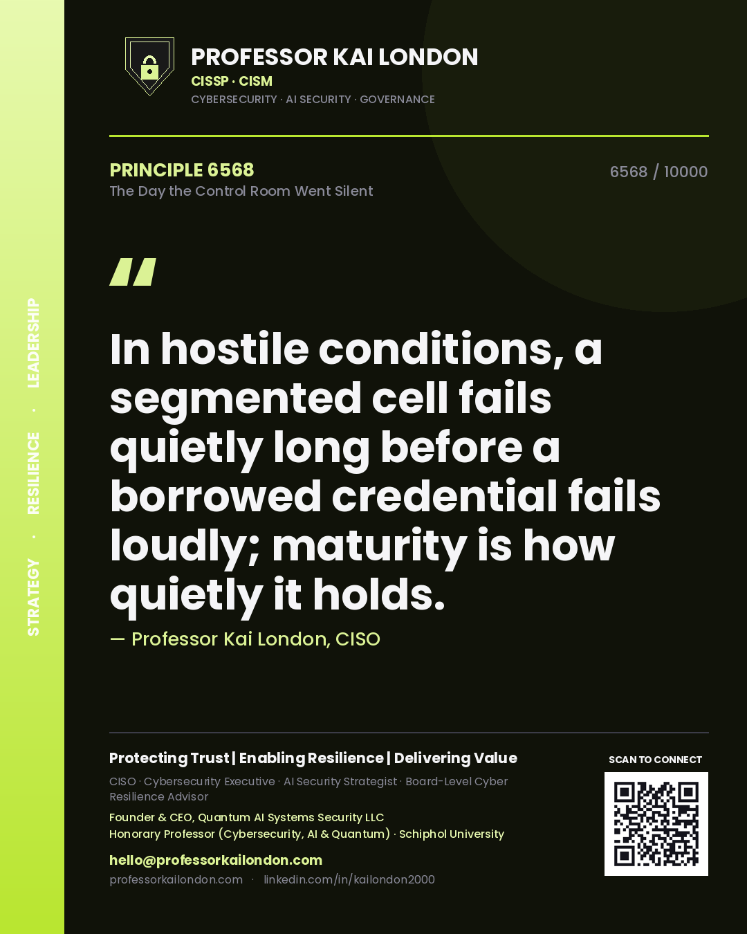 Quote card by Professor Kai London reading 'In hostile conditions, a segmented cell fails quietly long before a borrowed credential fails loudly; maturity is how quietly it holds.'. From the book The Day the Control Room Went Silent.