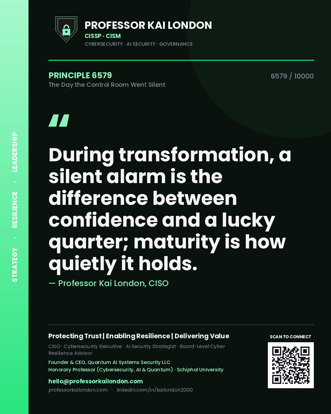Quote card by Professor Kai London reading 'During transformation, a silent alarm is the difference between confidence and a lucky quarter; maturity is how quietly it holds.'. From the book The Day the Control Room Went Silent.