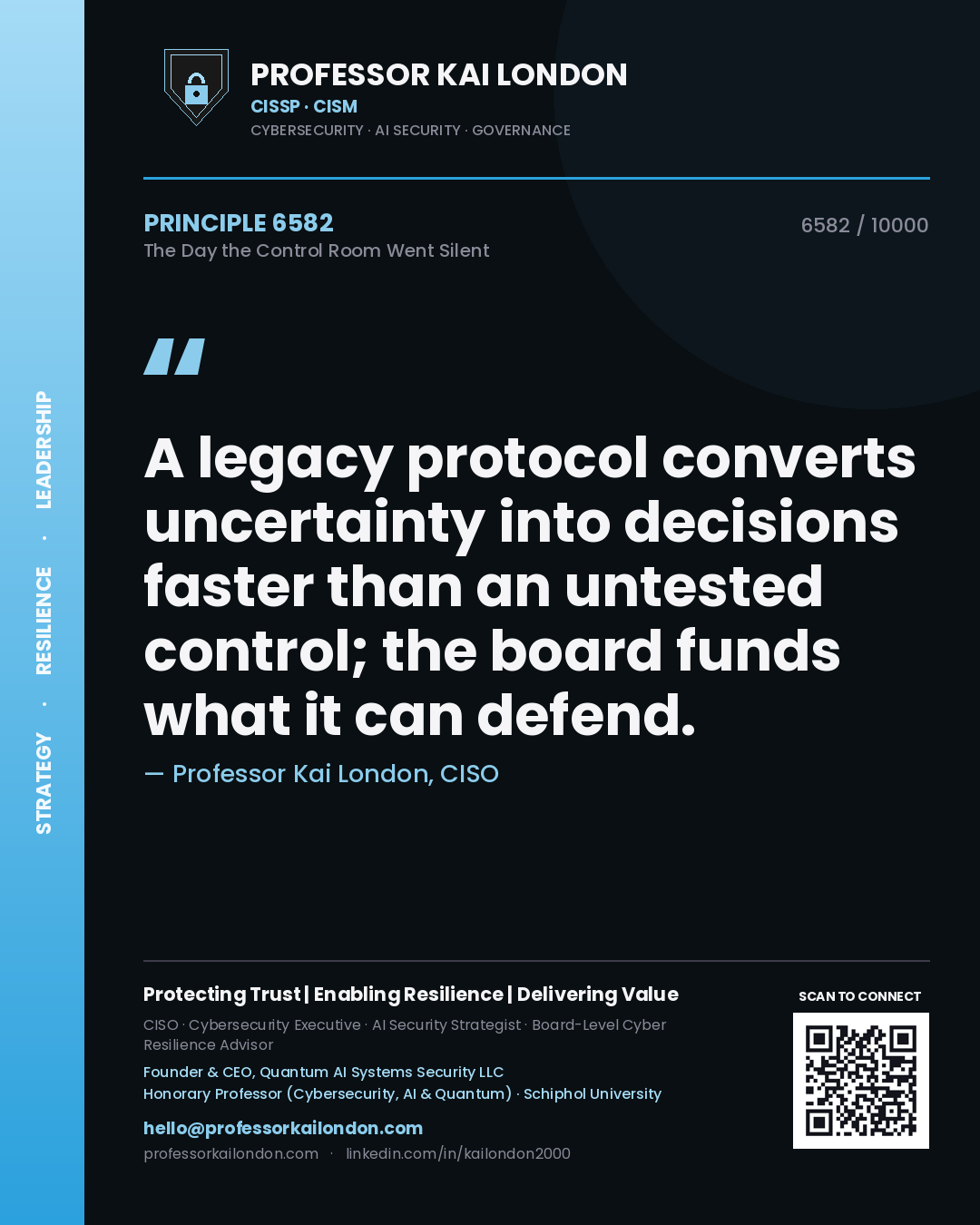 Professor Kai London principle 6582: A legacy protocol converts uncertainty into decisions faster than an untested control; the board funds what it can defend.