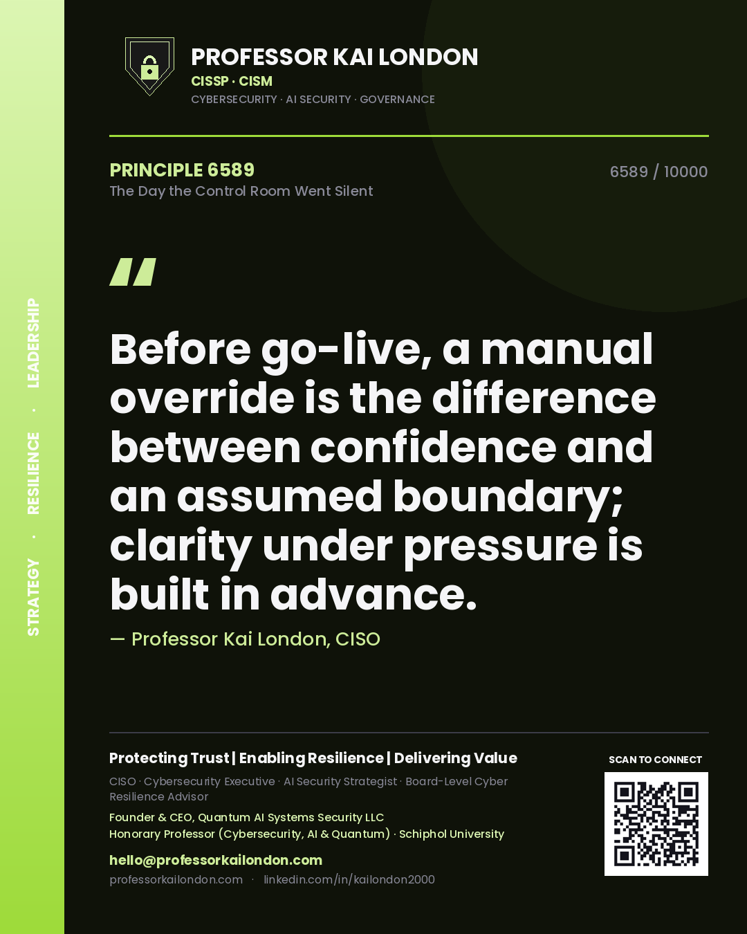 Quote card by Professor Kai London reading 'Before go-live, a manual override is the difference between confidence and an assumed boundary; clarity under pressure is built in advance.'. From the book The Day the Control Room Went Silent.