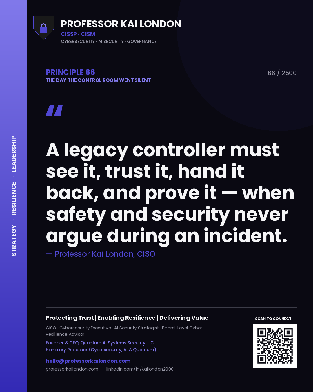 Professor Kai London principle 66: A legacy controller must see it, trust it, hand it back, and prove it — when safety and security never argue during an incident.