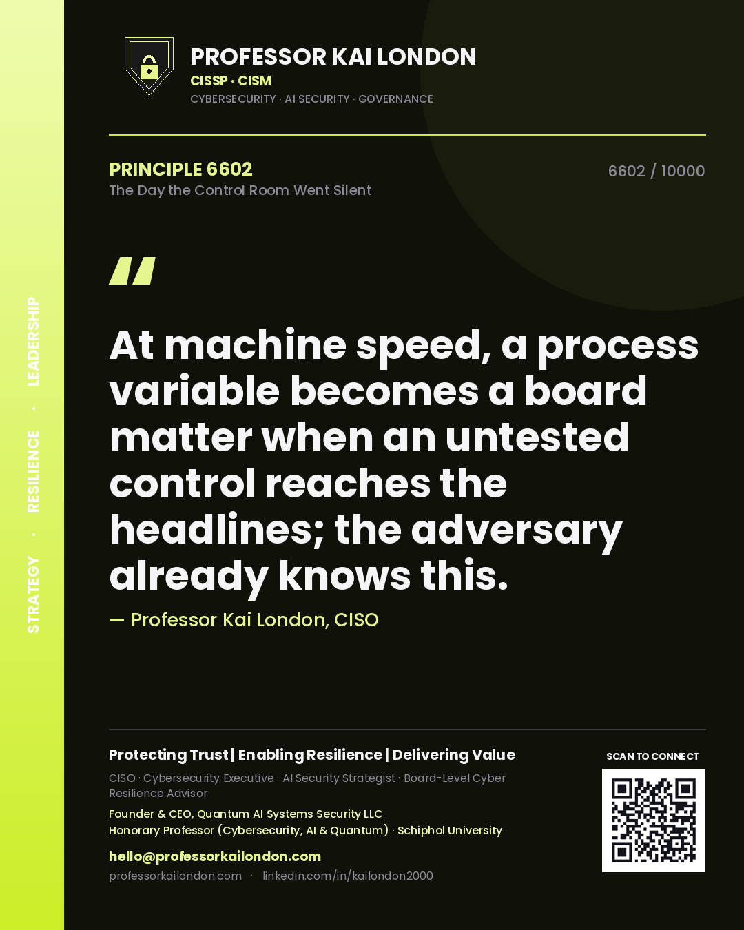 Quote card by Professor Kai London reading 'At machine speed, a process variable becomes a board matter when an untested control reaches the headlines; the adversary already knows this.'. From the book The Day the Control Room Went Silent.